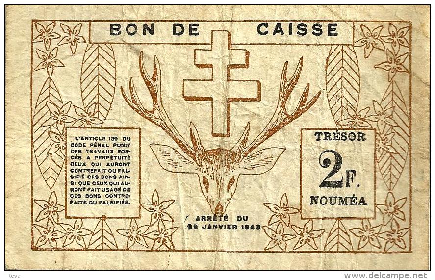 NEW CALEDONIA 2 FRANCS MINE FRONT ANIMAL HEAD BACK WWII EMERGENCY ISSUE DATED 29-03-1943 P56b AVF READ DESCRIPTION!! - Nouméa (Nuova Caledonia 1873-1985)