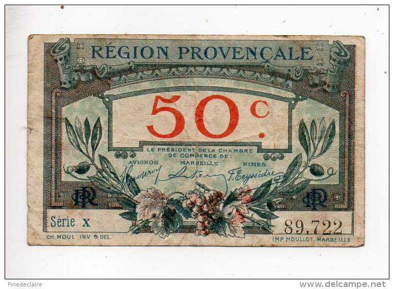 Billet Chambre De Commerce Région Provençale - 50 Cts -Série X - 1er Décembre 1922 -  Filigrane Abeilles - Cámara De Comercio