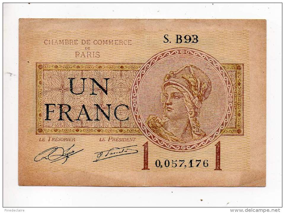 Billet Chambre De Commerce De Paris - 1 Fr - 10 Mars 1920 - Série B - Sans Filigrane - Cámara De Comercio
