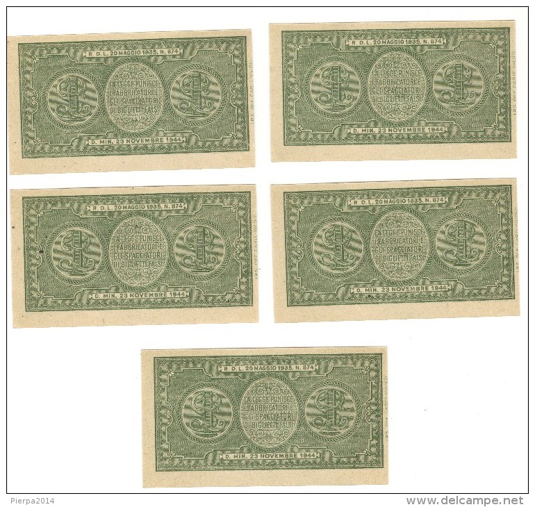 1 LIRA - ITALIA LAUREATA - NUM. CONSECUTIVA - DECR. 23 - 11 - 1944 - FDS - Italia – 1 Lira