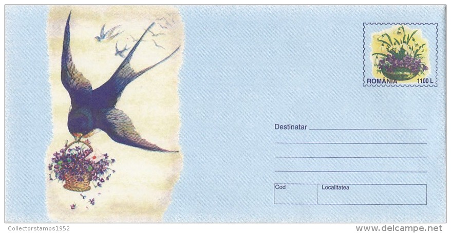 358FM- BIRDS, SWALLOW, COVER STATIONERY, 1999, ROMANIA - Zwaluwen