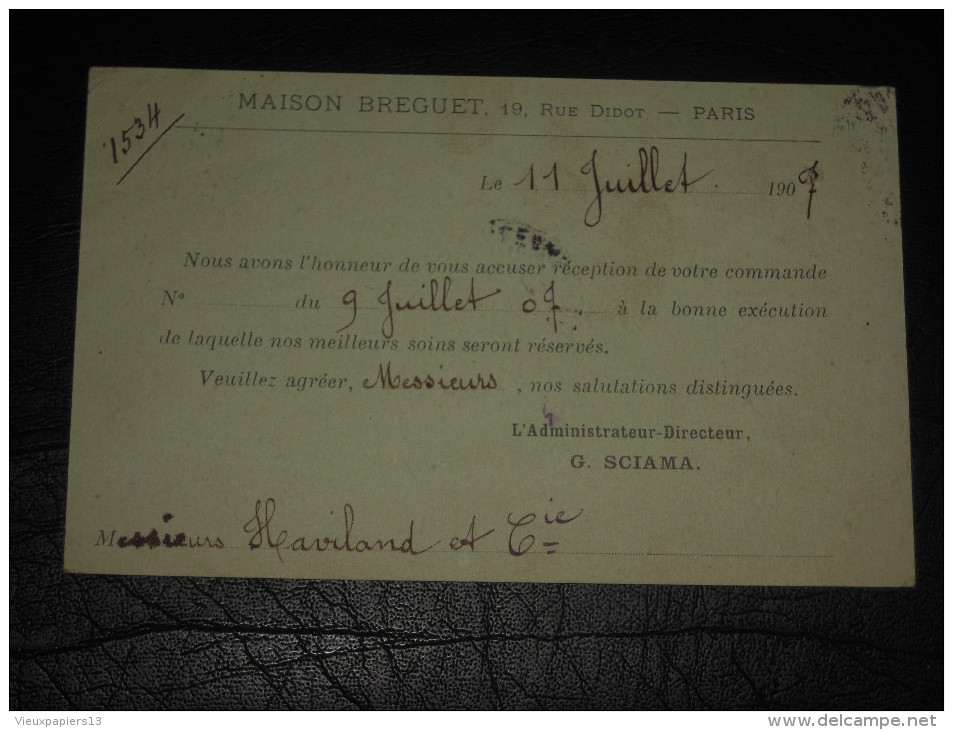 Entier Postal Semeuse Lignée 10c Repiquage MAISON BREGUET Rue Didot Paris - Cad 1907 Pour Limoges - Overprinter Postcards (before 1995)