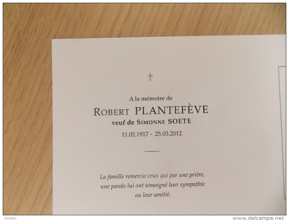 Doodsprentje Robert Plantefève 11/2/1917 - 25/3/2012 ( Simonne Soete ) - Religione & Esoterismo