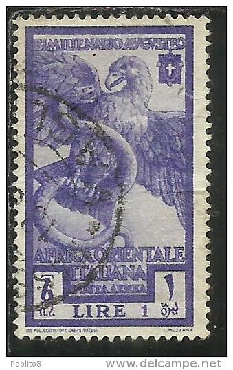 AFRICA ORIENTALE ITALIANA AOI 1938 POSTA AEREA AIR MAIL AUGUSTO LIRE 1 USED USATO - Africa Oriental Italiana