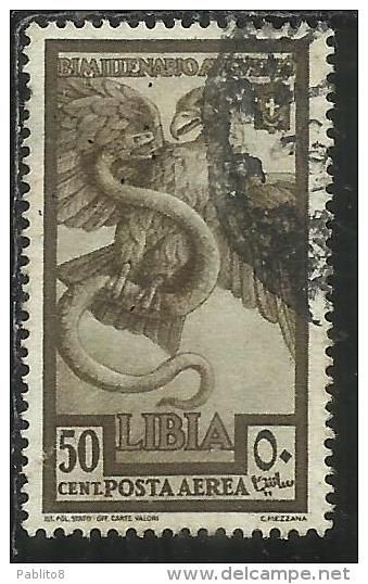 COLONIE ITALIANE LIBIA 1938 POSTA AEREA AIR MAIL AUGUSTO CENT. 50 USED USATO OBLITERE' - Africa Oriental Italiana