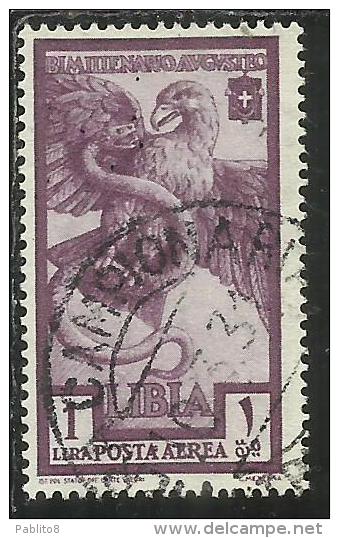 COLONIE ITALIANE LIBIA 1938 POSTA AEREA AIR MAIL AUGUSTO LIRE 1 LIRA USED USATO OBLITERE' - Afrique Orientale Italienne