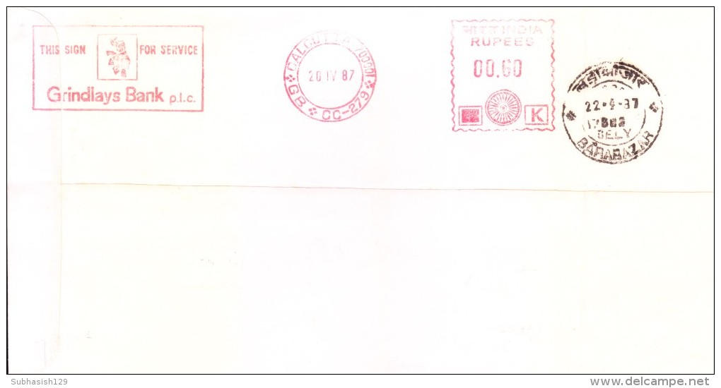 INDIA 1987 SINGLE ADVERTISEMENT METER FRANKING FROM BOMBAY - GRINDLAYS BAK, THIS SIGN FOR SERVICE - Covers & Documents