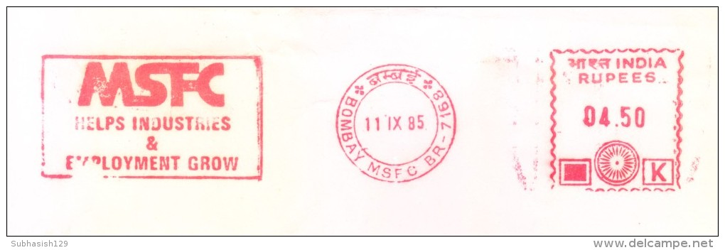 INDIA 1985 SINGLE ADVERTISEMENT METER FRANKING FROM BOMBAY, ON PIECE  - MSFC, HELPS INDUSTRIES & EMPLOYMENT GLOW - Covers & Documents