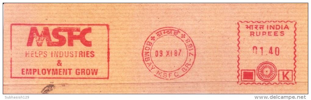 INDIA 1987 SINGLE ADVERTISEMENT METER FRANKING FROM BOMBAY, ON PIECE - MSFC, HELPS INDUSTRIES & EMPLOYMENT GROW - Covers & Documents