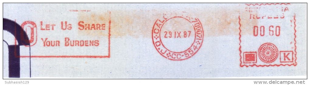 INDIA 1987 SINGLE ADVERTISEMENT METER FRANKING FROM CALCUTTA, ON PIECE - LET US SHARE YOUR BURDENS - Covers & Documents