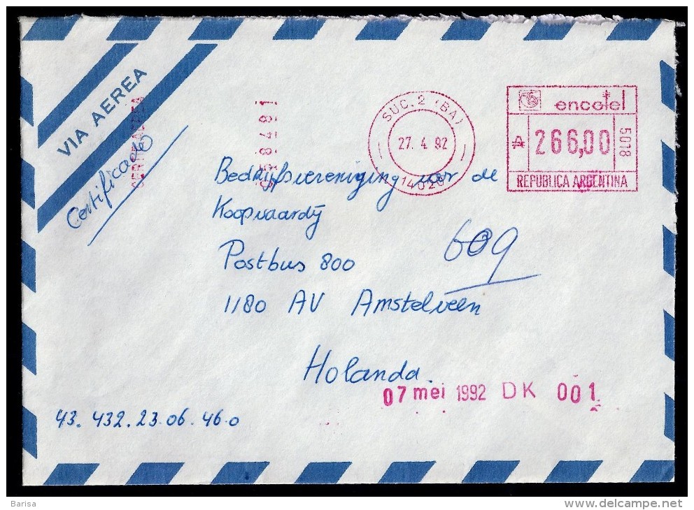 Argentina: Air Mail Cover With Meter Cancel Sent From Buenos Aires To Netherland; 27-04-1992 - Cartas & Documentos