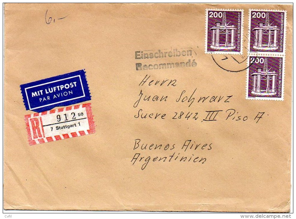 GERMANY / BRD 1982 - Registered Air Cover With A Vertical Pair + 1 Copy Of The 200Pf Bohrinsel, To B.A. - Covers & Documents