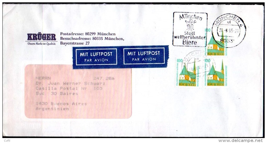 GERMANY / BRD 1995 - Air Cover With 3 Copies Of The 100Pf Kapelle Altötting From Booklet. Beer Cancellation. - Storia Postale