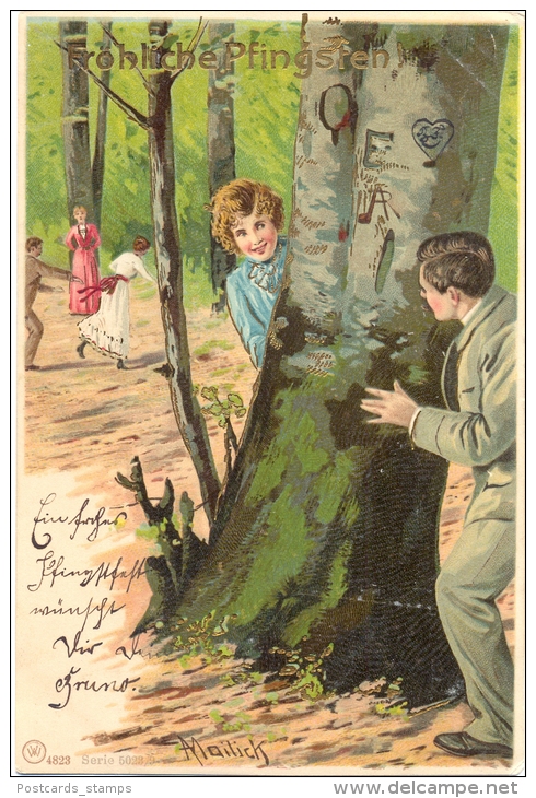 Pfingsten, Mann, Frau, Spielende Kinder, Sign. Mailick, 1902 - Pinksteren