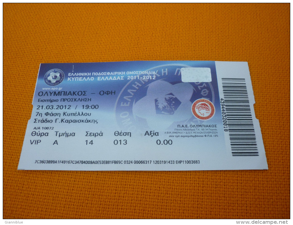 Olympiakos-OFI Greek Cup Football Match Ticket Stub 21/03/2012 - Match Tickets