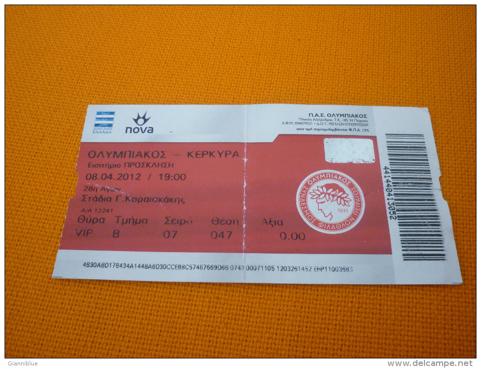 Olympiakos-Kerkyra Corfu Greek Superleague Football Match Ticket Stub 08/04/2012 - Match Tickets