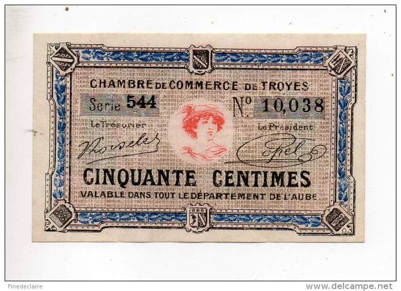 Billet De Commerce De Troyes - 50 Cts - Série 544 - Filigrane Abeille - Remboursable Jusqu'au 1er Janvier 1926 - Cámara De Comercio