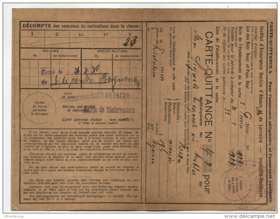 TIMBRES FISCAUX  SOCIO-POSTAUX   ALSACE LORRAINE CHANGEMENT DE CLASSE  NIEDERROEDERN - Altri & Non Classificati