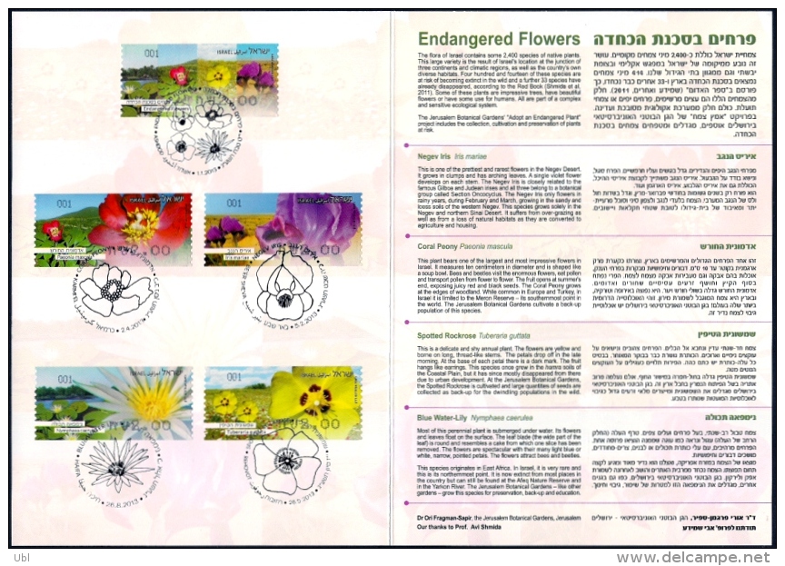 ISRAEL 2013 - Endangered Flowers: Negev Iris; Wild Peony; Spotted Rockrose; Blue Water-Lily - Souvenir Leaf - Viñetas De Franqueo [ATM]