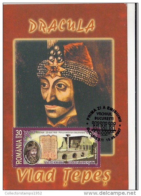 4089- KING VLAD THE IMPALER, DRACULA, CARTES MAXIMUM, OBLIT FDC, 2007, ROMANIA - Cartoline Maximum