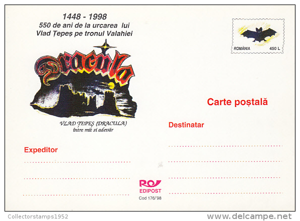 4092- KING VLAD THE IMPALER, DRACULA, POIENARI FORTRESS, POSTCARD STATIONERY, 1998, ROMANIA - Cartoline Maximum
