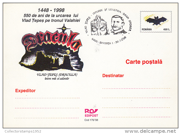 4096- KING VLAD THE IMPALER, DRACULA, POIENARI FORTRESS, POSTCARD STATIONERY, 1998, ROMANIA - Cartoline Maximum