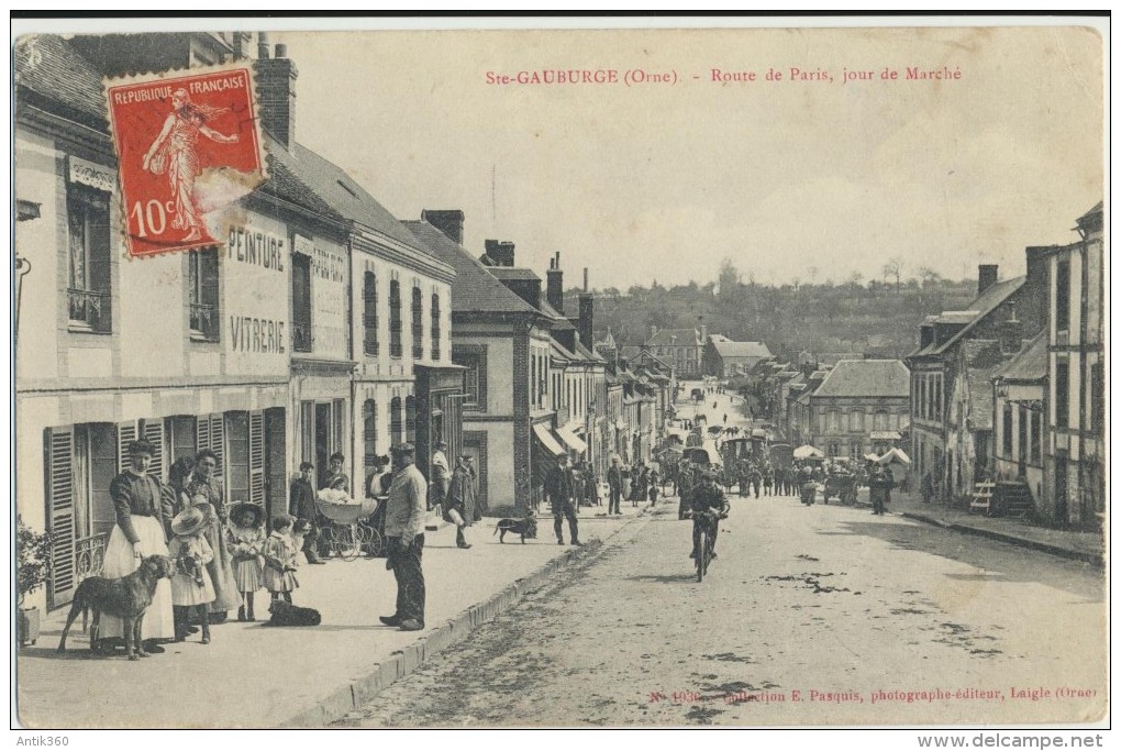 CPA 61 SAINTE GAUBURGE - Carte Rare - Route De Paris Jour De Marché, Très Animée - Vimoutiers