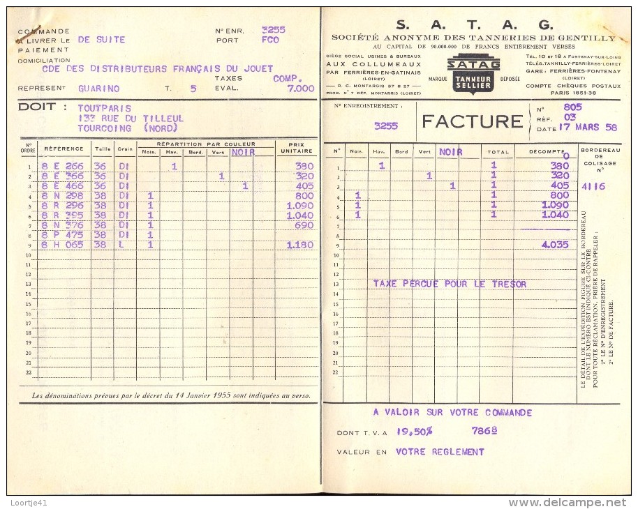 Facture Faktuur - SATAG - Tanneries De Gentilly - Ferrières En Gatinais 1958 - 2 P. - Autres & Non Classés