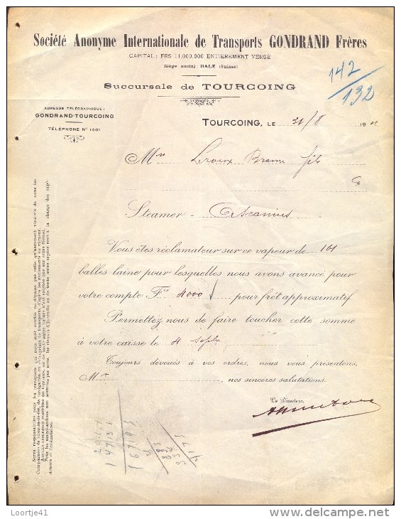 Facture Faktuur - Transport Gontrand Frères - Tourcoing 1912 - Autres & Non Classés