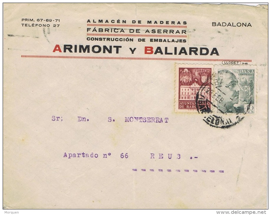 10607. Carta BADALONA (barcelona) 1943. Recargo Exposicion. Comercial Maderas - Barcelona