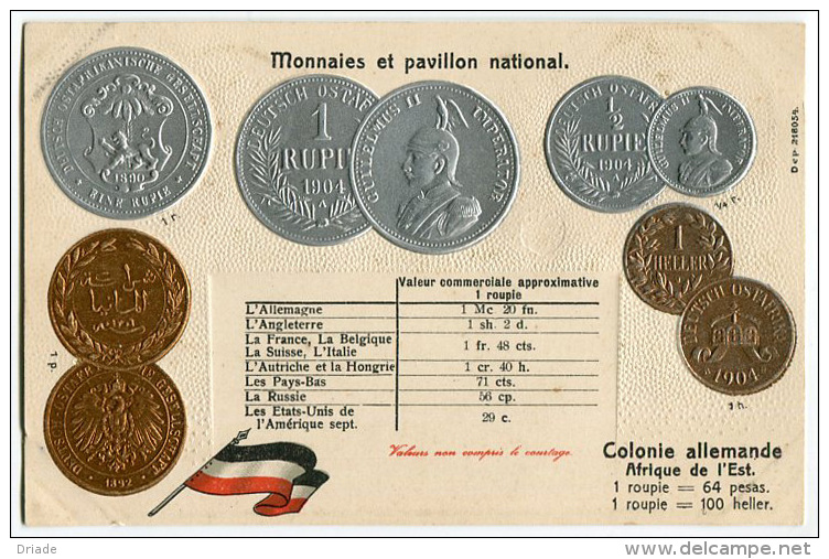 CARTOLINA CON RAPPRESENTAZIONE MONETE PAVILLON NATIONAL MONNAIES COLONIE ALLEMANDE AFRIQUE DE L'EST GERMANIA - Monete (rappresentazioni)