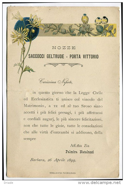 PARTECIPAZIONE NOZZE SACCOCCI GELTRUDE E PORTA VITTORIO 26 APRILE ANNO 1899 BARBARA ANCONA - Annunci Di Nozze