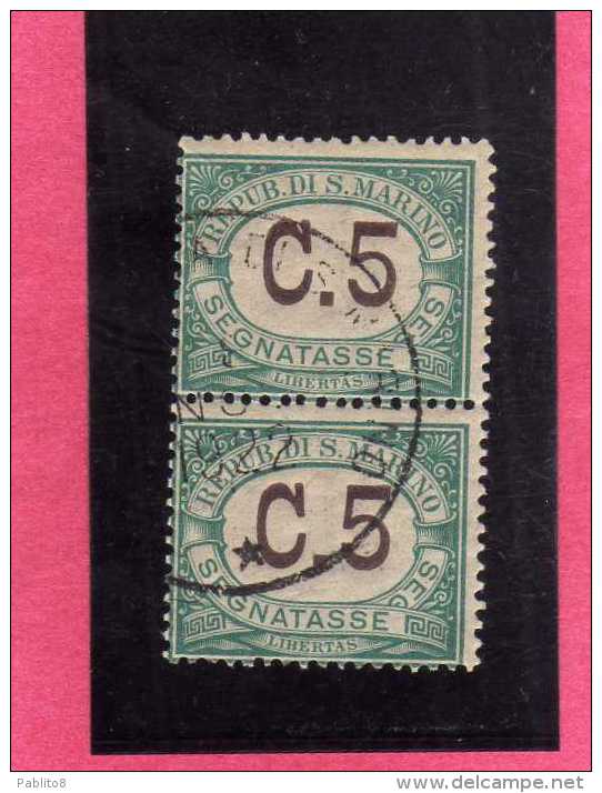 SAN MARINO 1897-1919 SEGNATASSE DUE TASSE TAXE  CENT. 5  COPPIA USATA PAIR USED - Impuestos