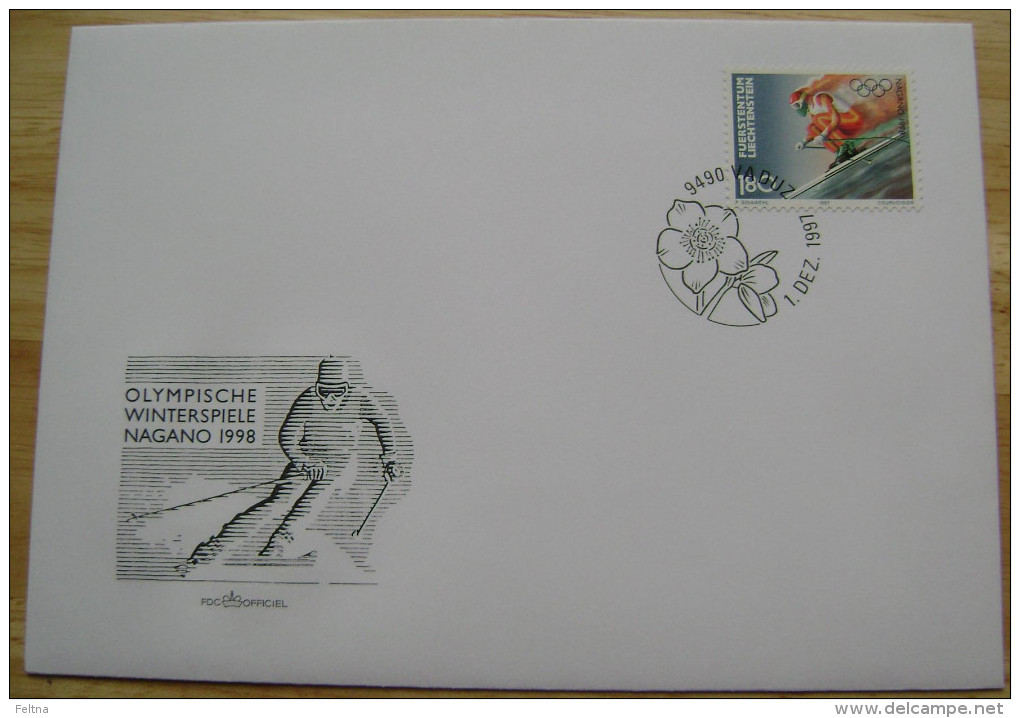 1997 LIECHTENSTEIN FDC 3 WINTER OLYMPIC GAMES NAGANO JAPAN ALPINE SKIING DOWNHILL - Winter 1998: Nagano