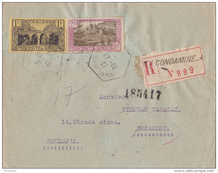 MONACO  LETTRE RECOMMANDEE POUR LA ROUMANIE  1927  CACHET D'ARRIVEE - Covers & Documents