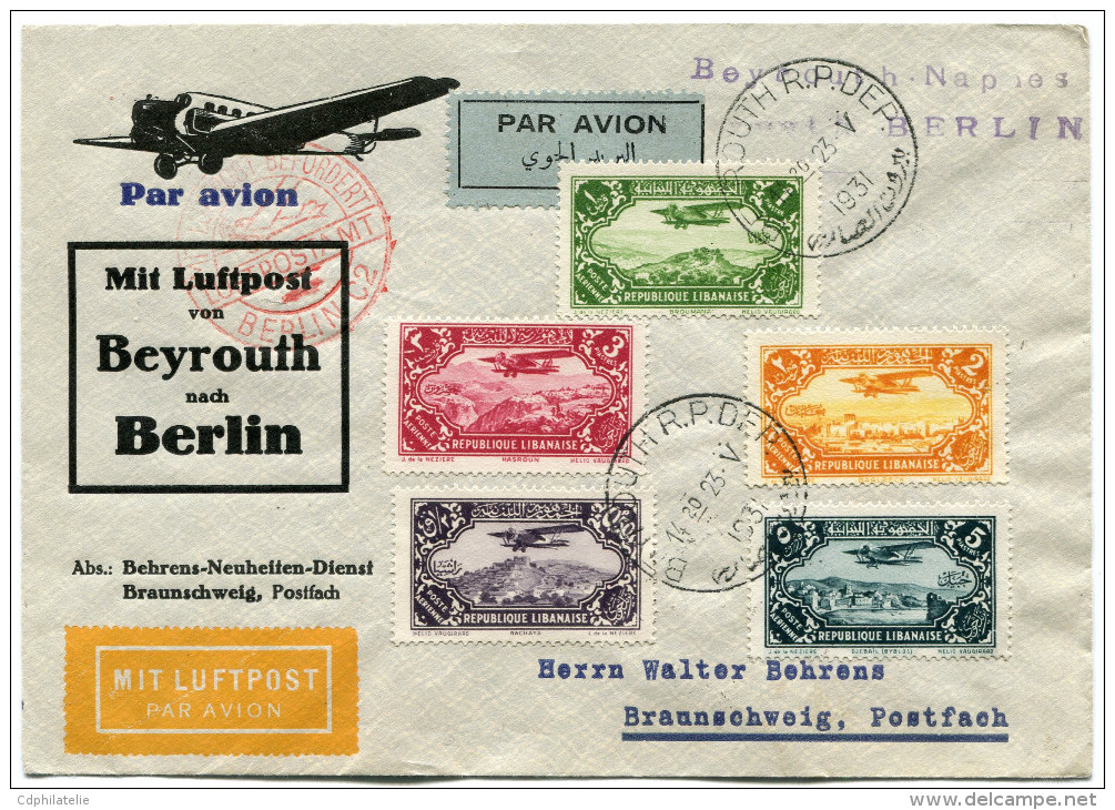 LIBAN LETTRE ILLUSTREE PAR AVION AVEC GRIFFE VIOLETTE BEYROUTH -NAPLES-.........BERLIN DEPART BEYROUTH 23.V.1931 - Lebanon