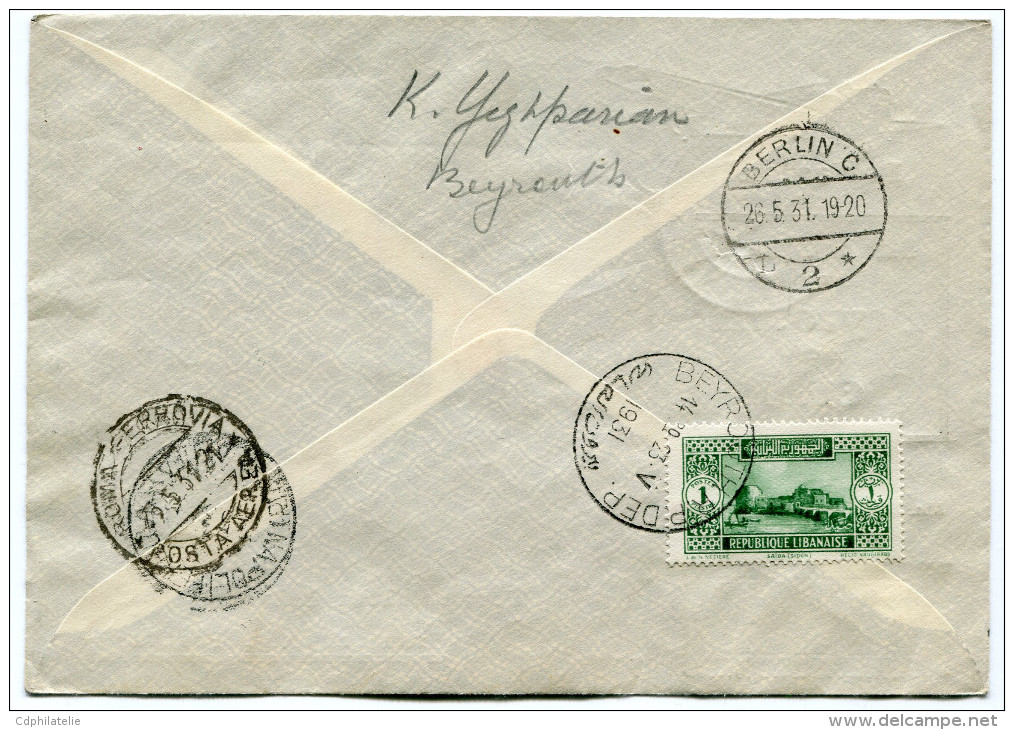 LIBAN LETTRE ILLUSTREE PAR AVION AVEC GRIFFE VIOLETTE BEYROUTH -NAPLES-.........BERLIN DEPART BEYROUTH 23.V.1931 - Liban