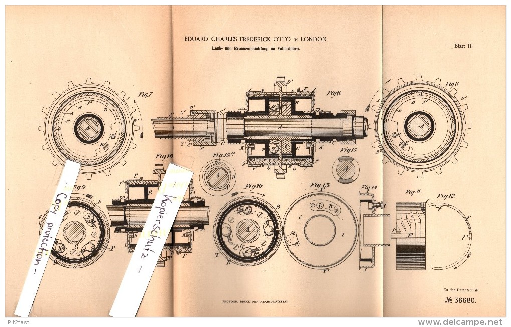 Original Patent - E.Ch. Otto In London , 1885 , Steering And Brake For Bicycle !!! - Sonstige & Ohne Zuordnung