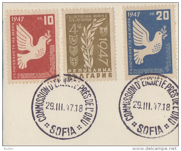 REP. BULGARIA:1947:Y.512-14 On Maximum Card:VREDE,PAIX,PEACE,PAX ,FRIEDEN,DUIF,PIGEON,OLIV E BRANCH,BRANCHE D´OLIVIER, - Covers & Documents