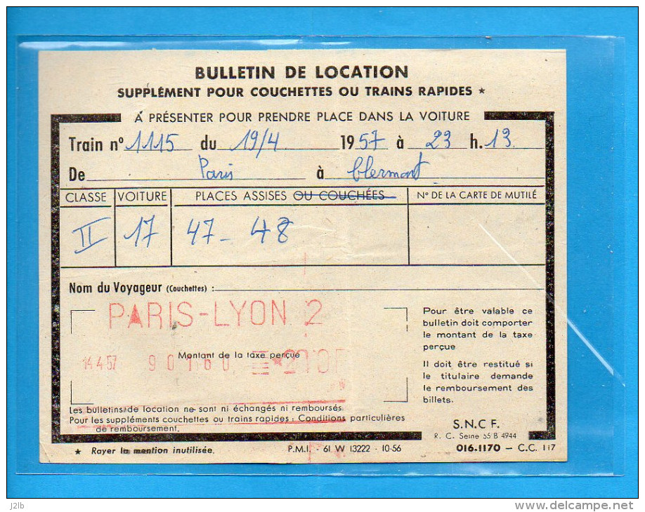 Ticket Train - Supplément Couchette Ou Train Rapide - Paris Clermont 1957 - SNCF - Europe