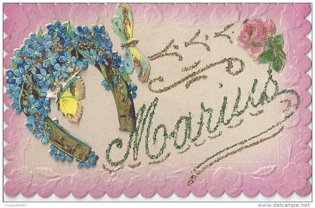 MARIUS  FER A CHEVAL DECORE DE BLEUETS PAPILLONS ET ROSE   -CARTE  GAUFFREE - Firstnames