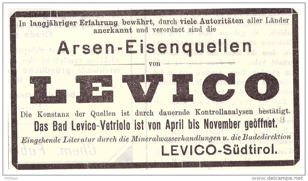 Original Werbung - 1907 - Levico Terme , Südtirol , Arsen - Eisenquellen ,  Löweneck , Arzt , Apotheke !!! - Werbung