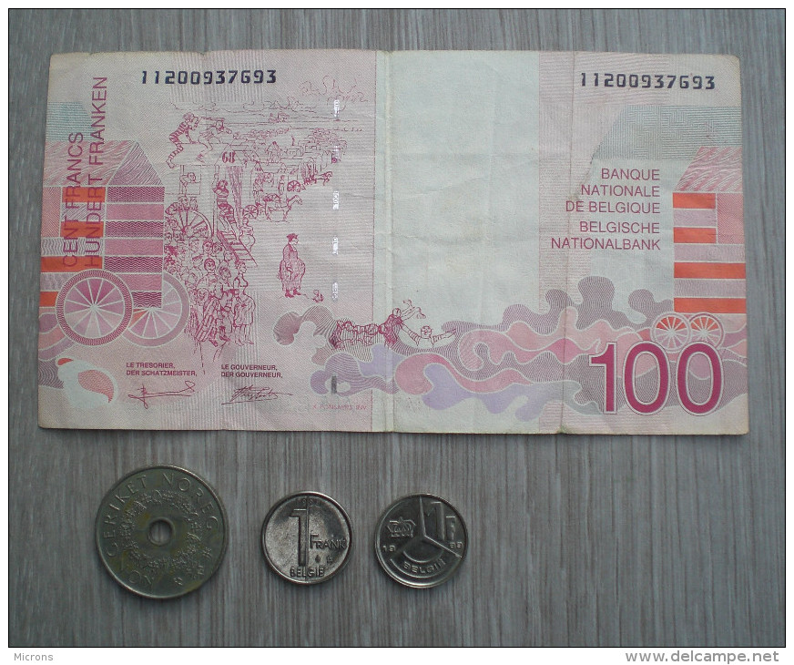 BILLET BELGE 100 FRANCS JAMES ENSOR ACCOMPAGNE DE 2 PIECES DE 1 FRANC & 5 COURONNES NORVEGIENNE - 100 Francs