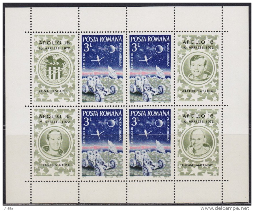 2891. Romania, 1972, Apollo 16, Block, MNH (**) - Blocks & Sheetlets