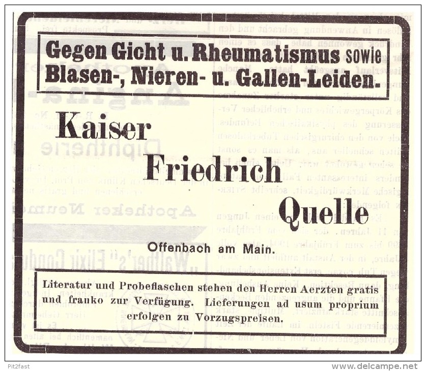 Original Werbung - 1907 , Kaiser Friedrich Quelle In Offenbach A.M., Kur , Arzt , Krankenhaus !! - Werbung