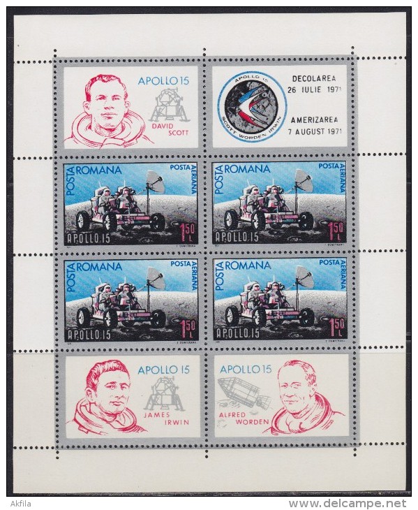 2894. Romania, 1971, Apollo 15, Block, MNH (**) - Blocks & Sheetlets