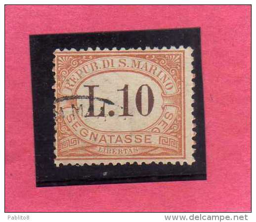 REPUBBLICA DI SAN MARINO 1925 SEGNATASSE POSTAGE DUE TASSE TAXE LIRE 10 USATO USED OBLITERE' - Impuestos