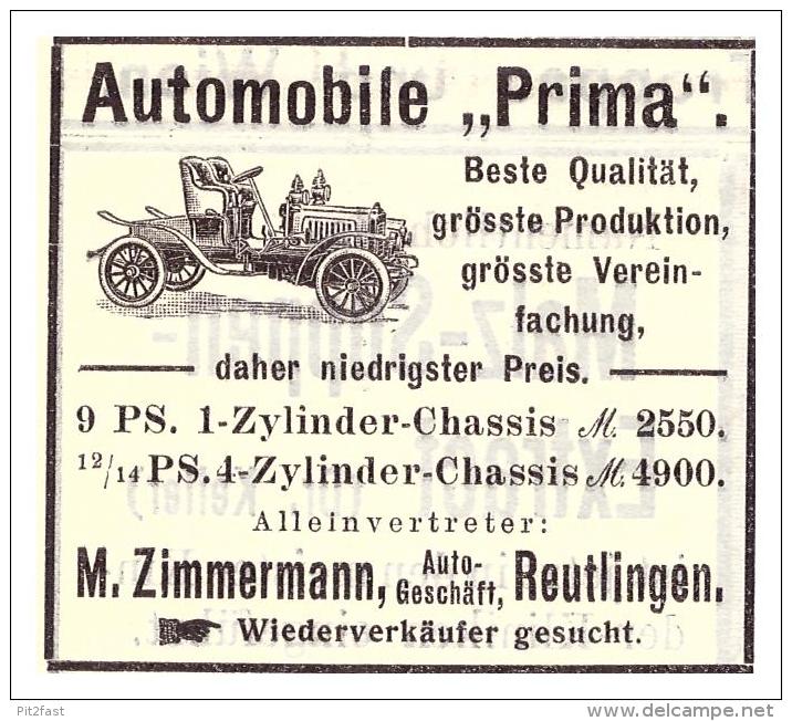 Original Werbung - 1907 - Automobile PRIMA , M. Zimmermann In Reutlingen , Automobile !!! - KFZ