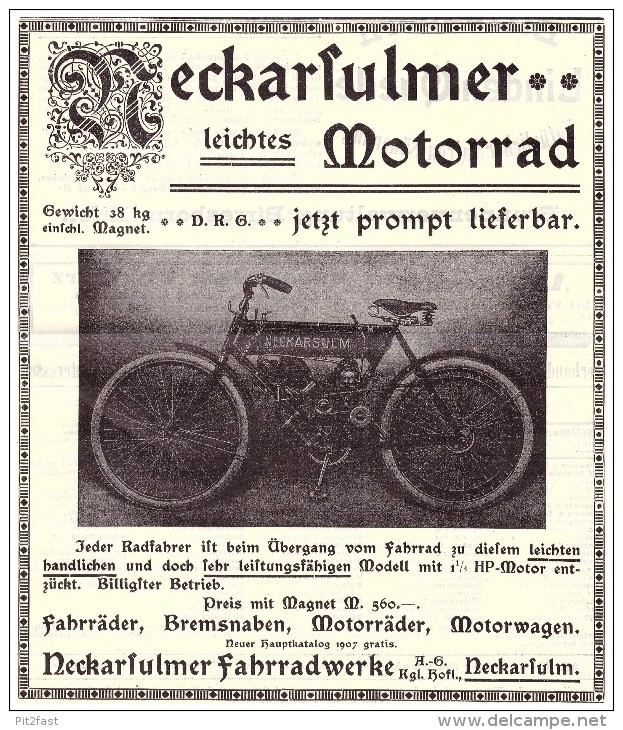 Original Werbung - 1907 - NSU Motorrad , Neckarsulm , Moto , Motorräder , Motorrad !!! - Motos