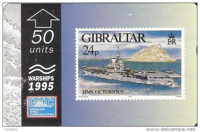 Nº37/a TARJETA DE GIBRALTAR DE UN SELLO CON UN BARCO HSM VICTORIUS 512L (STAMP-SHIP)  (RARA) - Timbres & Monnaies